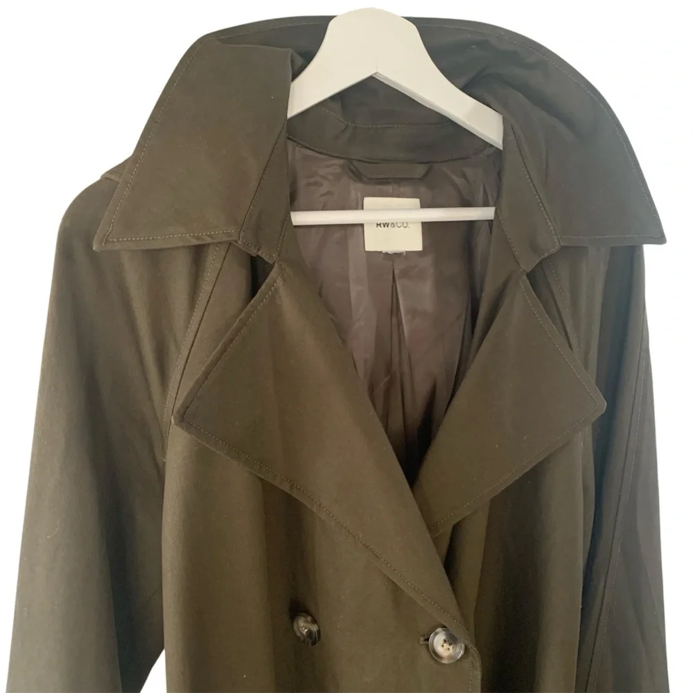 RW&Co Trench Coat Transitional Season Classic Overcoat wHood Twill Khaki Green L - Picture 5 of 8